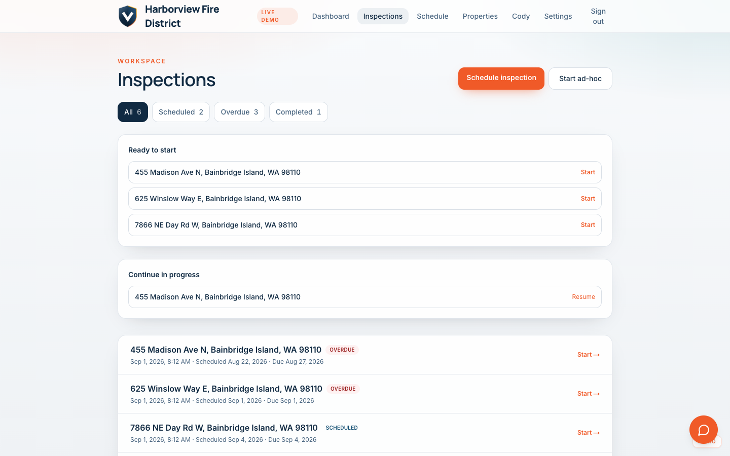 Inspections list in FireVantage